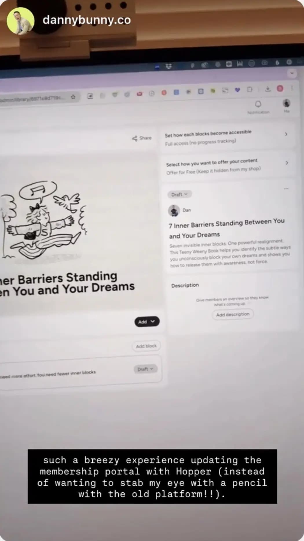 Instagram story from @dannybunny.co showing Hopper's membership editor