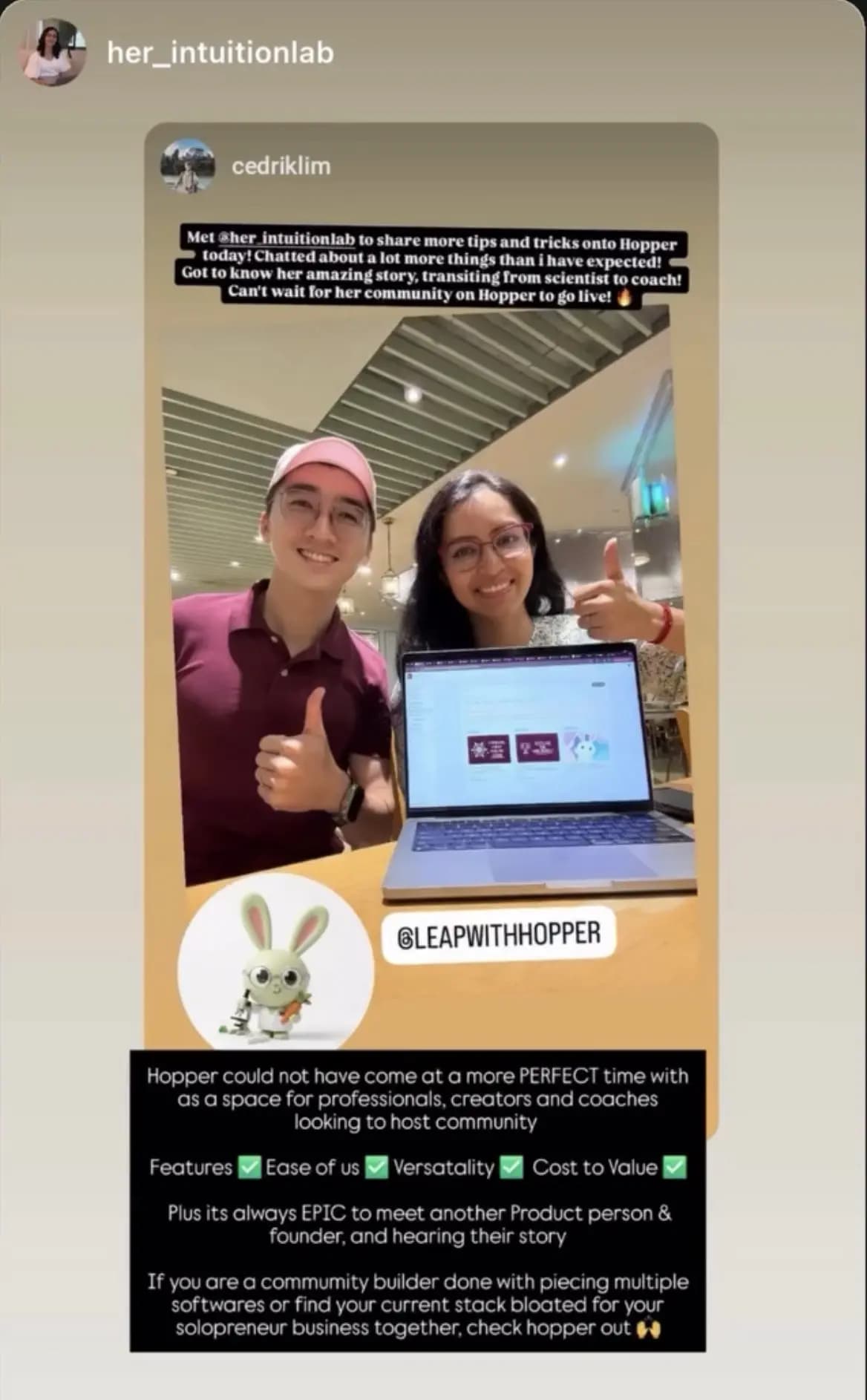 Instagram story from @her_intuitionlab after meeting Cedrik to share tips on Hopper