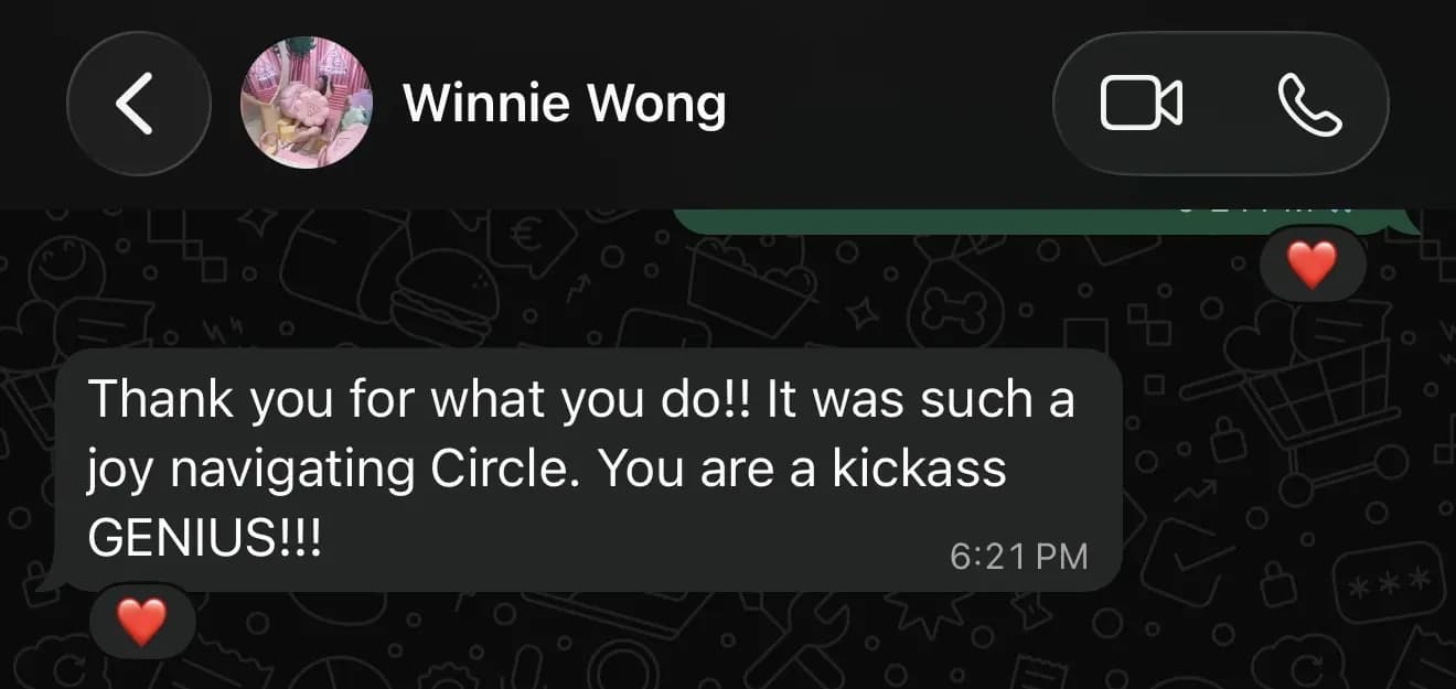 WhatsApp message from Winnie Wong calling Cedrik a kickass GENIUS