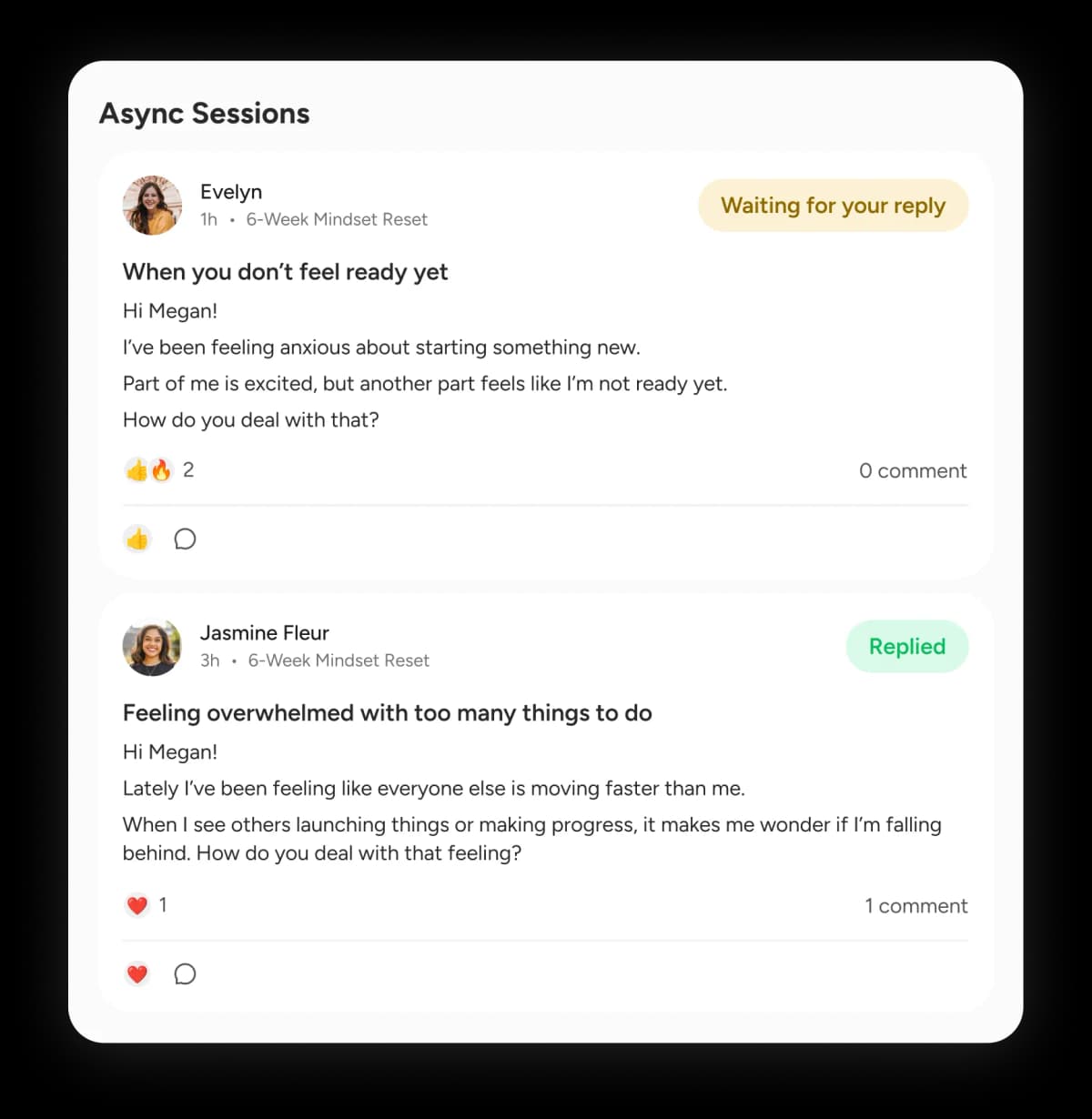 Async sessions mockup showing asynchronous coaching workflow