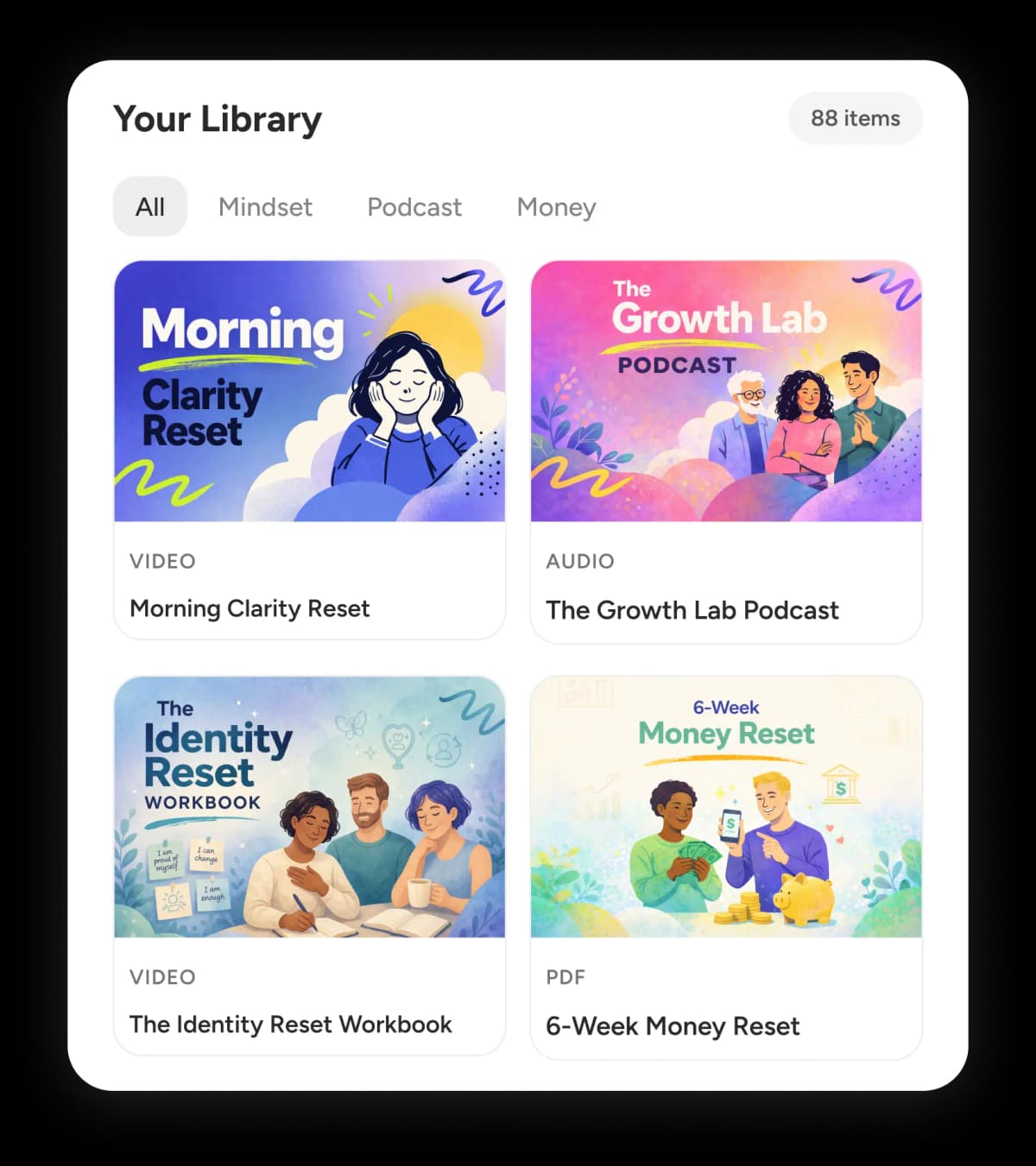 Content library mockup showing organized content formats