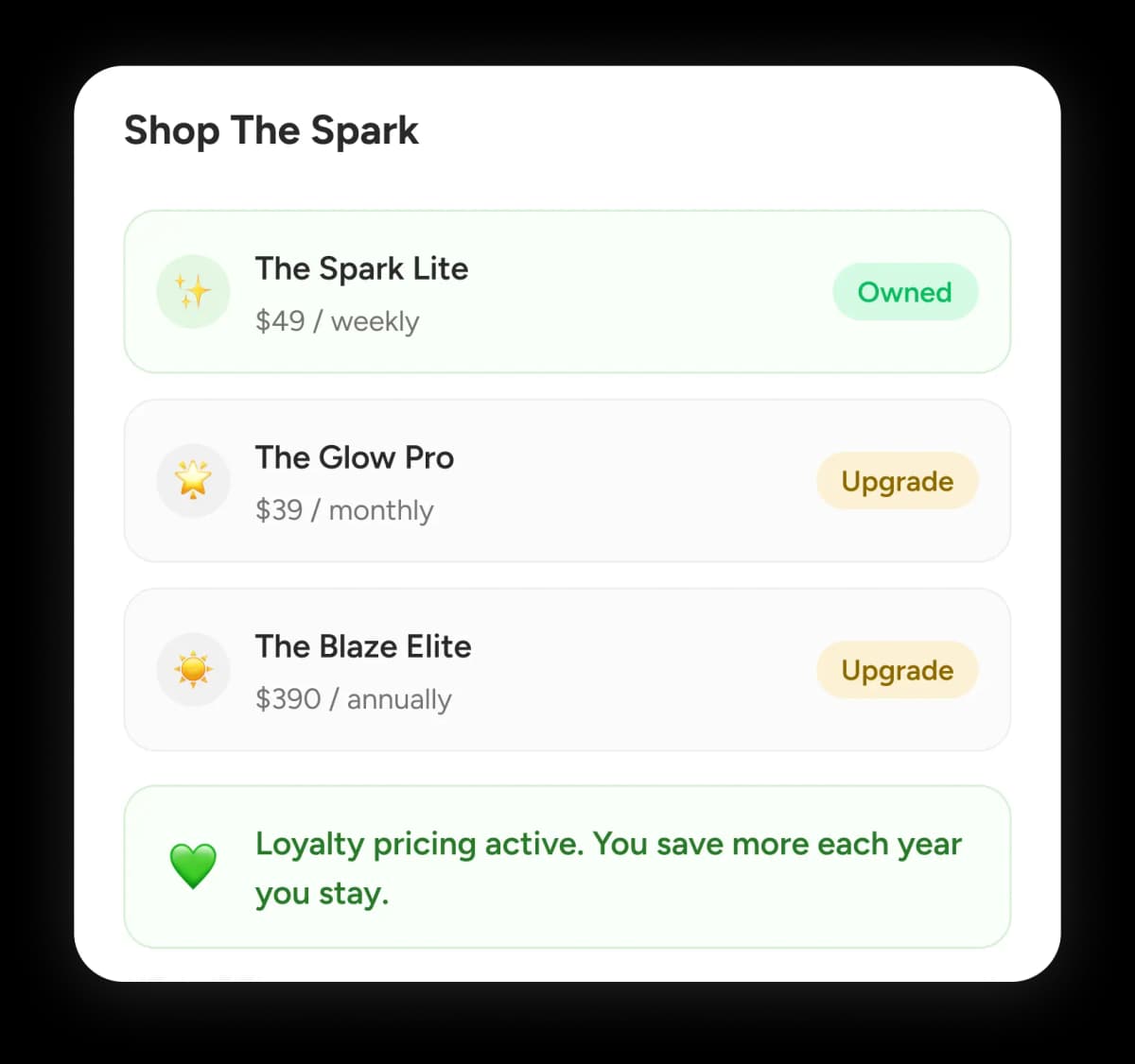 Shop mockup showing upsell opportunities for members